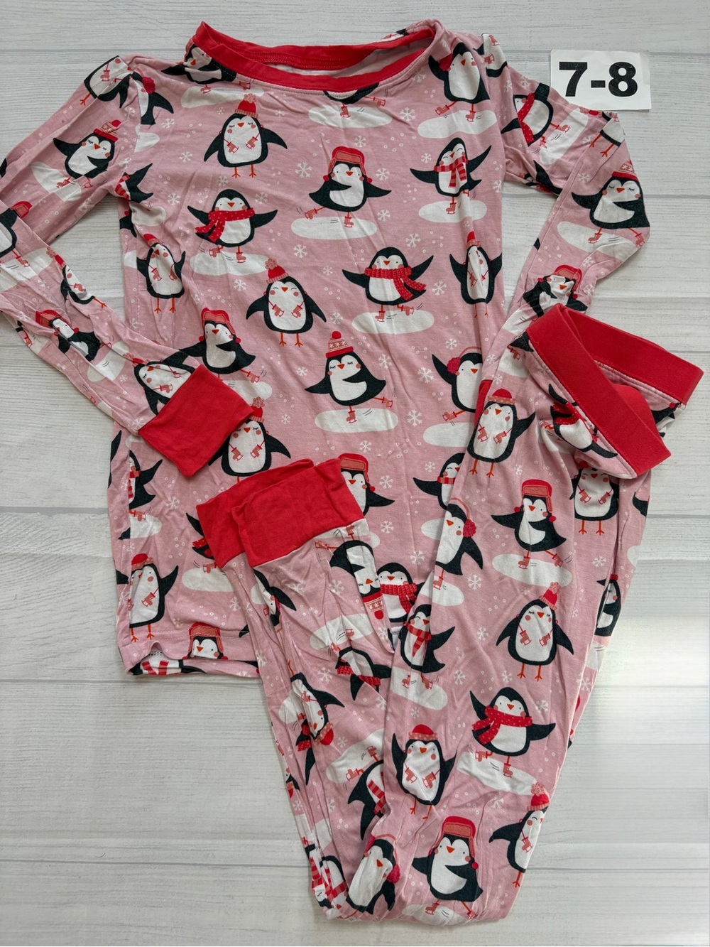 Little Sleepies Pink Penguin Pajama Set with Red Trim